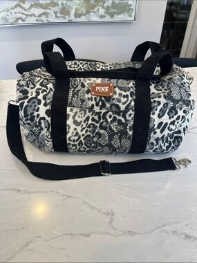 PINK Victoria's Secret Black & White Animal Print Travel Duffel
